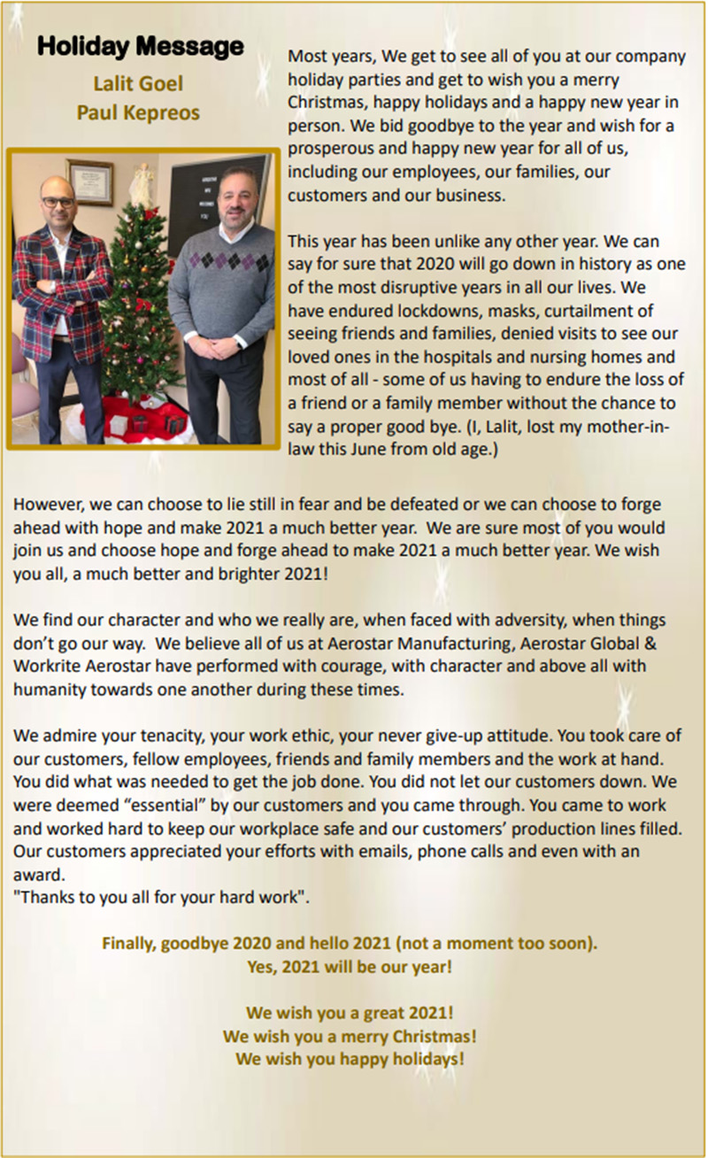 HOLIDAY MESSAGE FROM AEROSTAR-VERTICLE